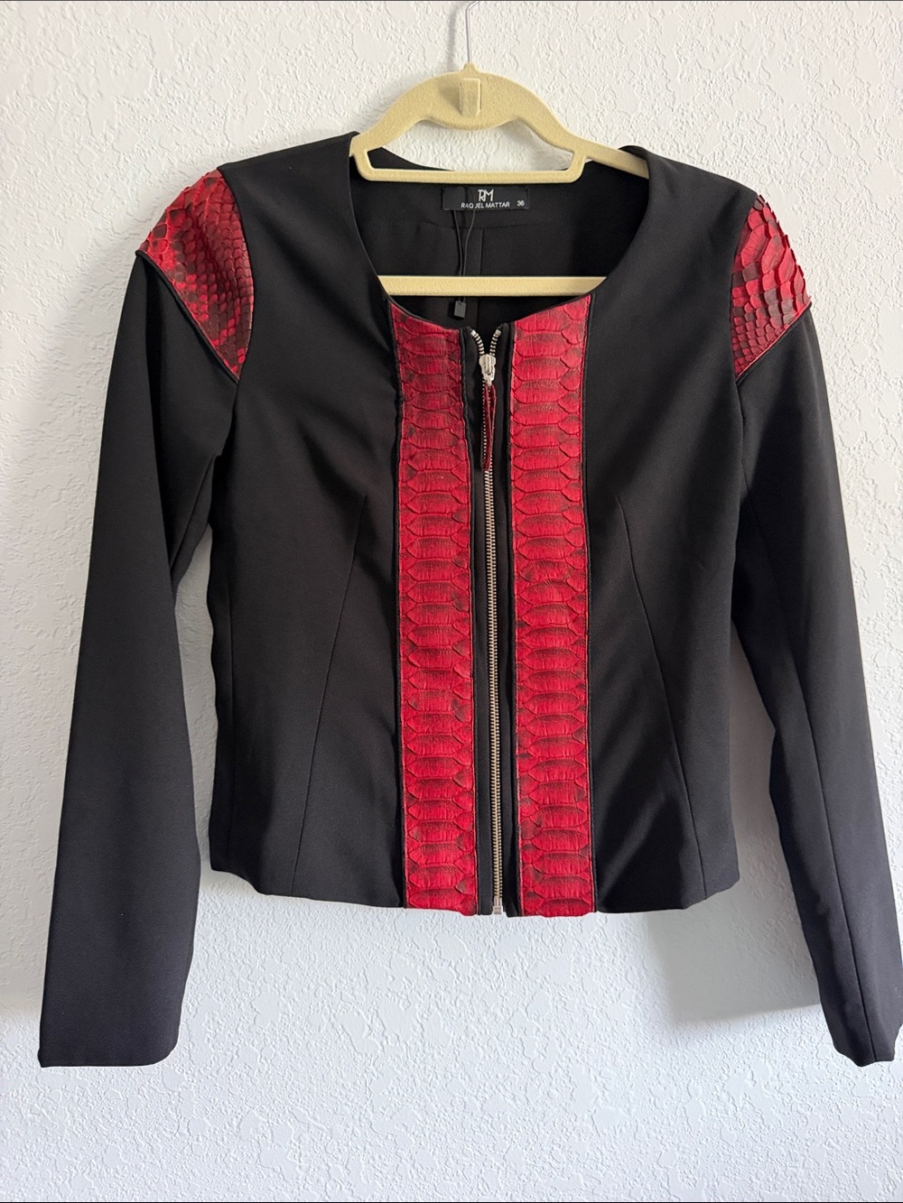 Black Polyester Jacket with Red Leather Accents -size 36/ xs